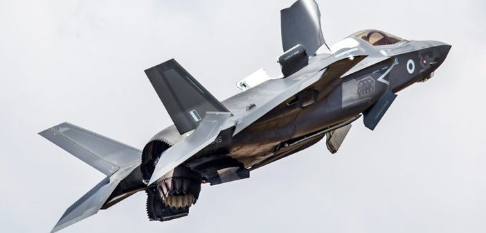An RAF F-35B Lightning II performs a hover manoeuvre at the Royal International Air Tattoo 2018 (Image: Ministry of Defence)