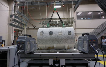 Fuselage covered with a speckled pattern for Digital Image Correlation