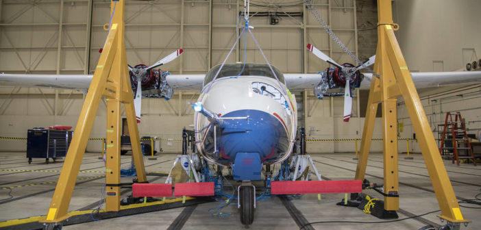 NASA’s all-electric X-57 Maxwell prepares for ground vibration testing at NASA’s Armstrong Flight Research Center in California Credits: NASA Photo / Lauren Hughes