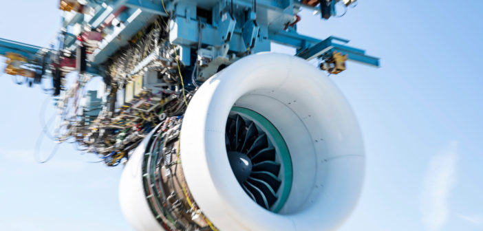 The Pratt & Whitney GTF Advantage engine on the test stand at the company’s West Palm Beach facility in Florida, USA
