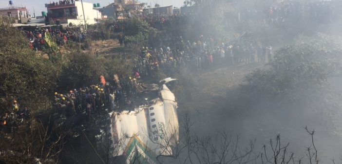 Rescue teams working near the wreckage of Yeti Airlines ATR72 aircraft in Pokhara. EPA/Krishna Mani Baral