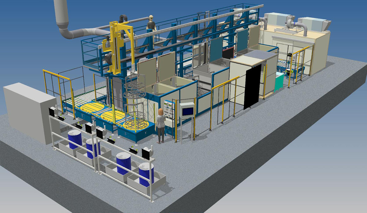 Fully automated FPI / PT system for the inspection of turbine blades with electrostatic penetrant application inside tanks